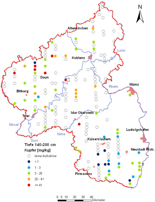 Landesweite Übersichtskarte Rheinland-Pfalz der BZE II, Kupfer [mg/kg] (Mineralboden, Tiefenstufe 140-200 cm; Königswasser; Perzentilklassen)