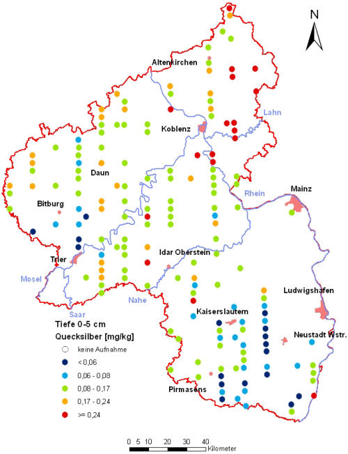 Landesweite Übersichtskarte Rheinland-Pfalz der BZE II, Quecksilber [mg/kg] (Mineralboden, Tiefenstufe 0-5 cm; Königswasser; Perzentilklassen)