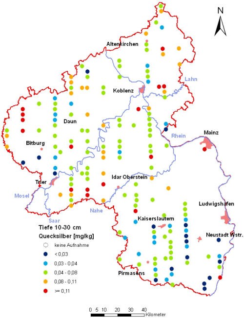 Landesweite Übersichtskarte Rheinland-Pfalz der BZE II, Quecksilber [mg/kg] (Mineralboden, Tiefenstufe 10-30 cm; Königswasser; Perzentilklassen)