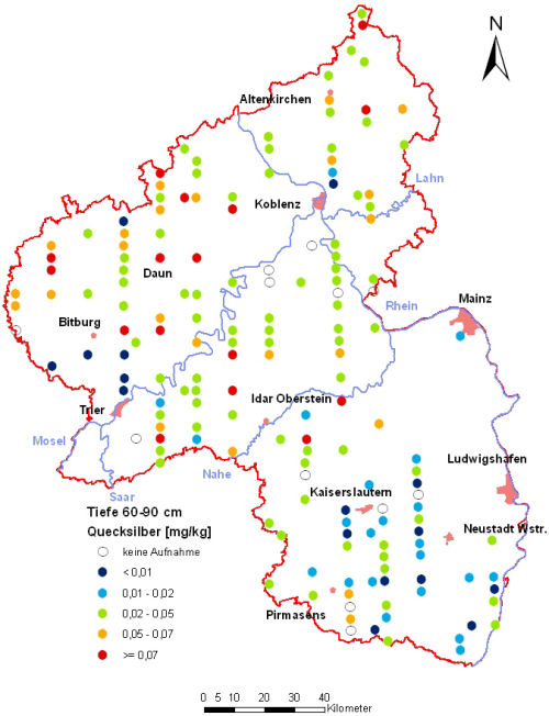 Landesweite Übersichtskarte Rheinland-Pfalz der BZE II, Quecksilber [mg/kg] (Mineralboden, Tiefenstufe 60-90 cm; Königswasser; Perzentilklassen)
