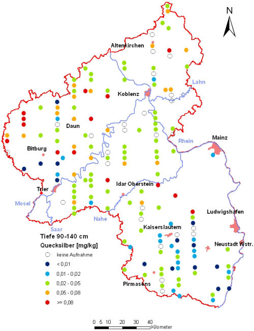 Landesweite Übersichtskarte Rheinland-Pfalz der BZE II, Quecksilber [mg/kg] (Mineralboden, Tiefenstufe 90-140 cm; Königswasser; Perzentilklassen)