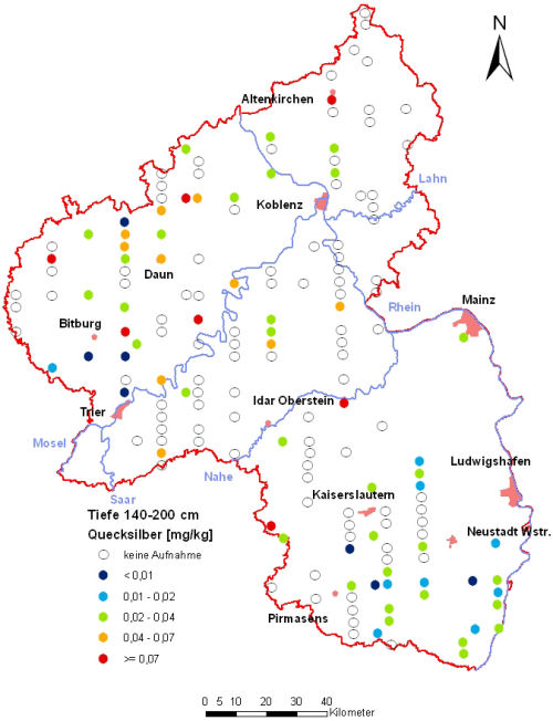 Landesweite Übersichtskarte Rheinland-Pfalz der BZE II, Quecksilber [mg/kg] (Mineralboden, Tiefenstufe 140-200 cm; Königswasser; Perzentilklassen)