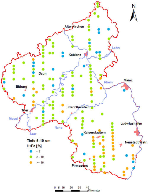 Landesweite Übersichtskarte Rheinland-Pfalz der BZE II, H+Fe-Sättigung [%] (Mineralboden, Tiefenstufe 5-10 cm; ökochemische Klassen)