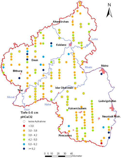 Landesweite Übersichtskarte Rheinland-Pfalz der BZE II, pH-Werte pH CaCl2 (Mineralboden, Tiefenstufe 0-5 cm; ökochemische Klassen)