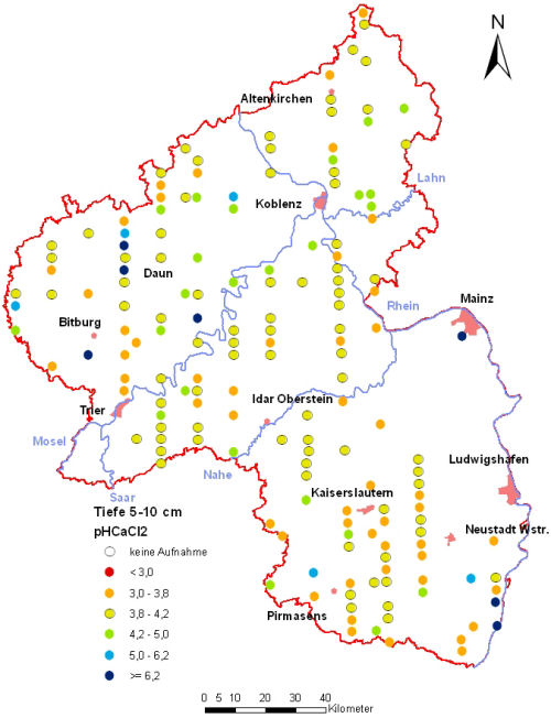 Landesweite Übersichtskarte Rheinland-Pfalz der BZE II, pH-Werte pH CaCl2 (Mineralboden, Tiefenstufe 5-10 cm; ökochemische Klassen)