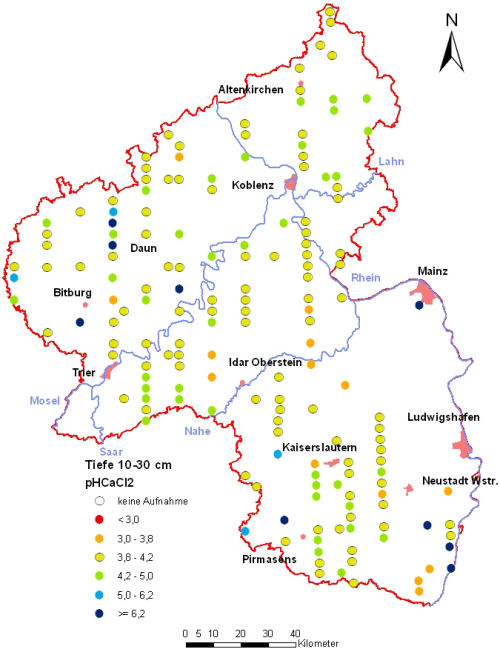 Landesweite Übersichtskarte Rheinland-Pfalz der BZE II, pH-Werte pH CaCl2 (Mineralboden, Tiefenstufe 10-30 cm; ökochemische Klassen)