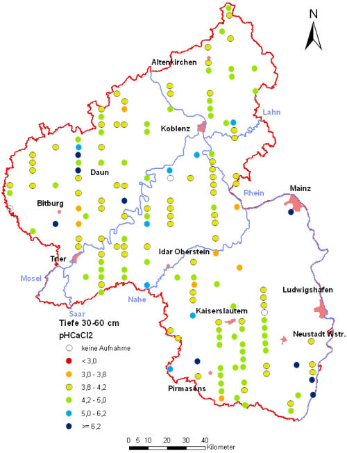 Landesweite Übersichtskarte Rheinland-Pfalz der BZE II, pH-Werte pH CaCl2 (Mineralboden, Tiefenstufe 30-60 cm; ökochemische Klassen)