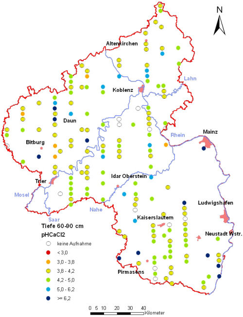 Landesweite Übersichtskarte Rheinland-Pfalz der BZE II, pH-Werte pH CaCl2 (Mineralboden, Tiefenstufe 60-90 cm; ökochemische Klassen)
