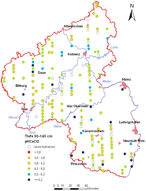 Landesweite Übersichtskarte Rheinland-Pfalz der BZE II, pH-Werte pH CaCl2 (Mineralboden, Tiefenstufe 90-140 cm; ökochemische Klassen)
