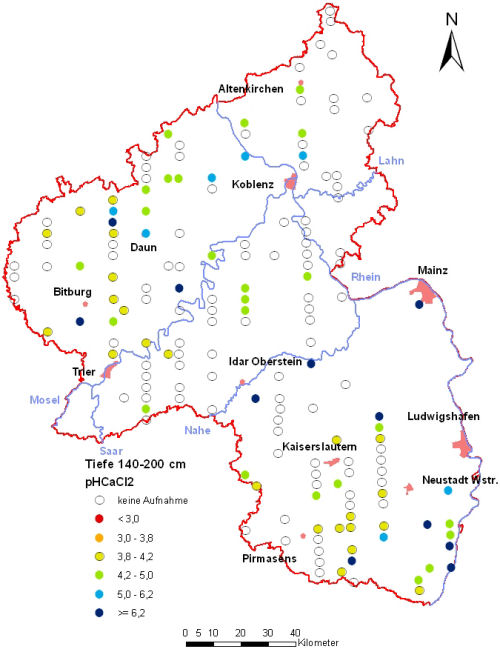 Landesweite Übersichtskarte Rheinland-Pfalz der BZE II, pH-Werte pH CaCl2 (Mineralboden, Tiefenstufe 140-200 cm; ökochemische Klassen)