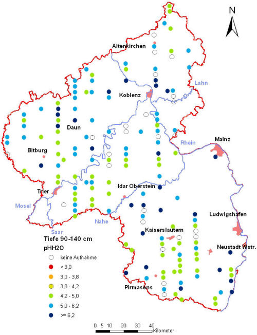 Landesweite Übersichtskarte Rheinland-Pfalz der BZE II, pH-Werte pH H2O (Mineralboden, Tiefenstufe 90-140 cm; ökochemische Klassen)