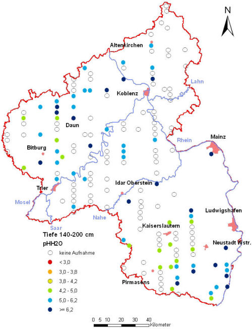 Landesweite Übersichtskarte Rheinland-Pfalz der BZE II, pH-Werte pH H2O (Mineralboden, Tiefenstufe 140-200 cm; ökochemische Klassen)