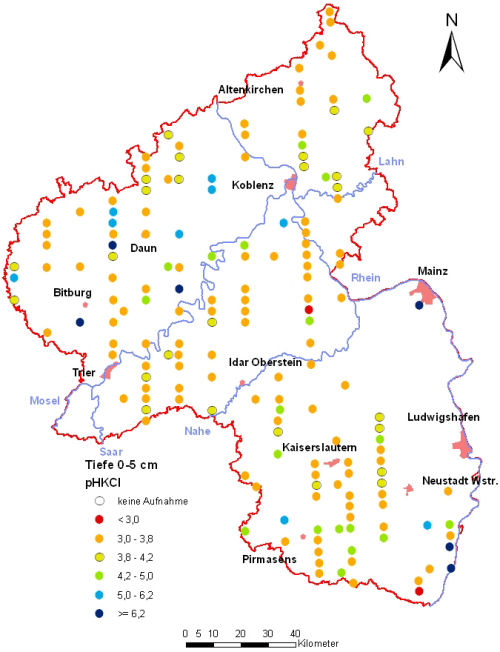 Landesweite Übersichtskarte Rheinland-Pfalz der BZE II, pH-Werte pH KCl (Mineralboden, Tiefenstufe 0-5 cm; ökochemische Klassen)