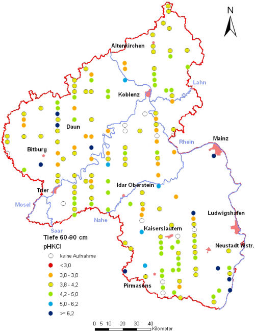 Landesweite Übersichtskarte Rheinland-Pfalz der BZE II, pH-Werte pH KCl (Mineralboden, Tiefenstufe 60-90 cm; ökochemische Klassen)
