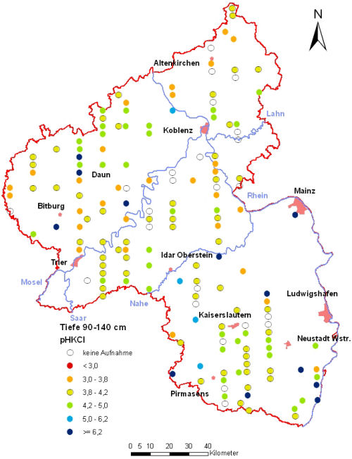 Landesweite Übersichtskarte Rheinland-Pfalz der BZE II, pH-Werte pH KCl (Mineralboden, Tiefenstufe 90-140 cm; ökochemische Klassen)