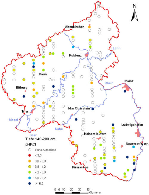 Landesweite Übersichtskarte Rheinland-Pfalz der BZE II, pH-Werte pH KCl (Mineralboden, Tiefenstufe 140-200 cm; ökochemische Klassen)