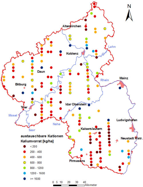 Landesweite Übersichtskarte Rheinland-Pfalz der BZE II, austauschbare Kationen Kaliumvorrat [kg/ha] Humusauflage und Mineralboden; ökochemische Klassen, Perzentilklassen)
