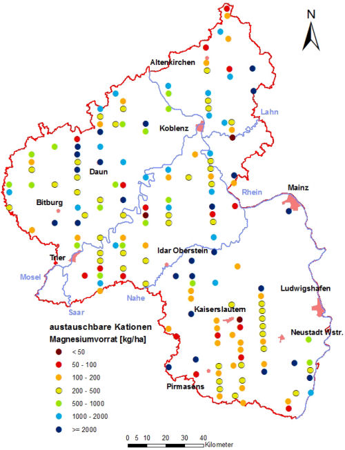 Landesweite Übersichtskarte Rheinland-Pfalz der BZE II, austauschbare Kationen Magnesiumvorrat [kg/ha] Humusauflage und Mineralboden; ökochemische Klassen, Perzentilklassen)