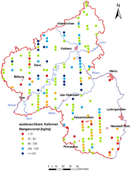 Landesweite Übersichtskarte Rheinland-Pfalz der BZE II, austauschbare Kationen Manganvorrat [kg/ha] Humusauflage und Mineralboden; ökochemische Klassen, Perzentilklassen)