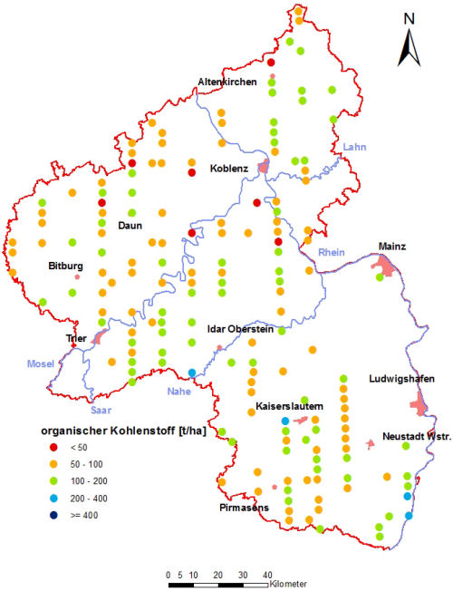 Landesweite Übersichtskarte Rheinland-Pfalz der BZE II, organischer Kohlenstoff [t/ha] im Gesamtboden bis 2 m oder Beprobungstiefe; ökochemische Klassen