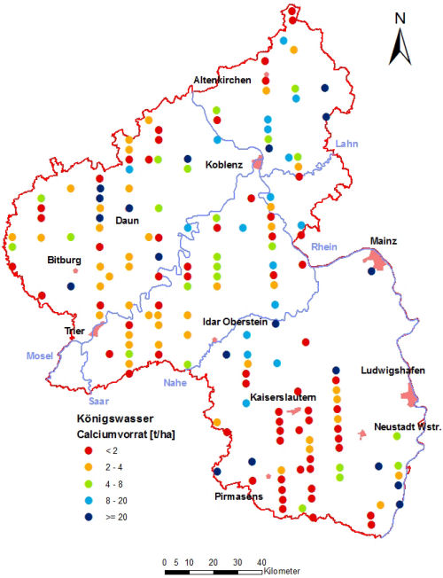Landesweite Übersichtskarte Rheinland-Pfalz der BZE II, Königswasser Calciumvorrat [t/ha] Humusauflage und Mineralboden; ökochemische Klassen, Perzentilklassen)