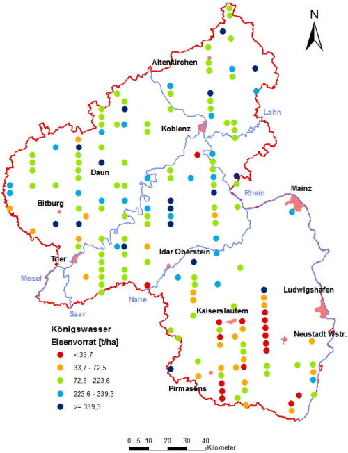 Landesweite Übersichtskarte Rheinland-Pfalz der BZE II, Königswasser Eisenvorrat [t/ha] Humusauflage und Mineralboden; ökochemische Klassen, Perzentilklassen)