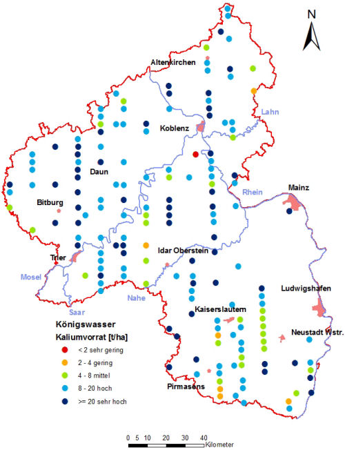 Landesweite Übersichtskarte Rheinland-Pfalz der BZE II, Königswasser Kaliumvorrat [t/ha] Humusauflage und Mineralboden; ökochemische Klassen, Perzentilklassen)