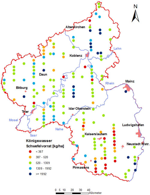 Landesweite Übersichtskarte Rheinland-Pfalz der BZE II, Königswasser Schwefelvorrat [kg/ha] Humusauflage und Mineralboden; ökochemische Klassen, Perzentilklassen)