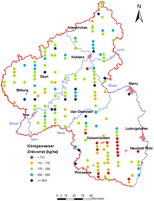 Landesweite Übersichtskarte Rheinland-Pfalz der BZE II, Königswasser Zinkvorrat [kg/ha] Humusauflage und Mineralboden; ökochemische Klassen, Perzentilklassen)