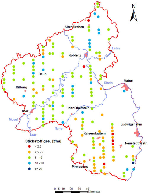 Landesweite Übersichtskarte Rheinland-Pfalz der BZE II, Stickstoff ges. [t/ha] Humusauflage und Mineralboden; ökochemische Klassen, Perzentilklassen)