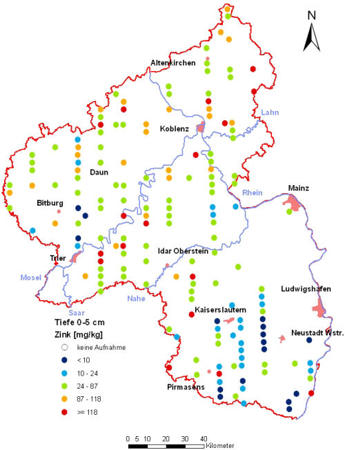 Landesweite Übersichtskarte Rheinland-Pfalz der BZE II, Zink [mg/kg] (Mineralboden, Tiefenstufe 0-5 cm; Königswasser; Perzentilklassen)
