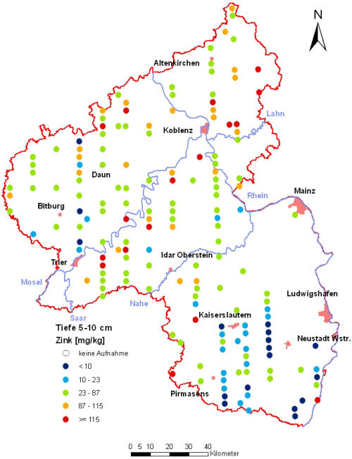 Landesweite Übersichtskarte Rheinland-Pfalz der BZE II, Zink [mg/kg] (Mineralboden, Tiefenstufe 5-10 cm; Königswasser; Perzentilklassen)