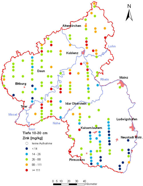 Landesweite Übersichtskarte Rheinland-Pfalz der BZE II, Zink [mg/kg] (Mineralboden, Tiefenstufe 10-30 cm; Königswasser; Perzentilklassen)
