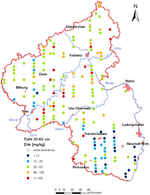 Landesweite Übersichtskarte Rheinland-Pfalz der BZE II, Zink [mg/kg] (Mineralboden, Tiefenstufe 30-60 cm; Königswasser; Perzentilklassen)