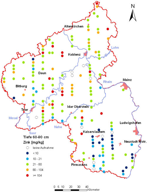 Landesweite Übersichtskarte Rheinland-Pfalz der BZE II, Zink [mg/kg] (Mineralboden, Tiefenstufe 60-90 cm; Königswasser; Perzentilklassen)