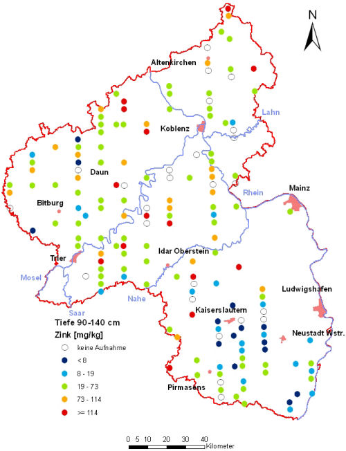Landesweite Übersichtskarte Rheinland-Pfalz der BZE II, Zink [mg/kg] (Mineralboden, Tiefenstufe 90-140 cm; Königswasser; Perzentilklassen)